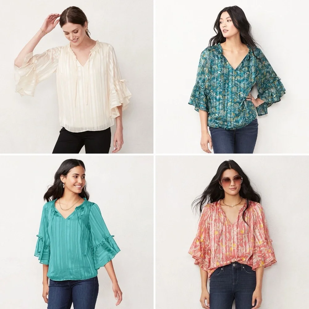 LC LAUREN CONRAD Chiffon Bohemian Blouse 3/4 Ruffle Sleeve Split Neck with Tie - Picture 11 of 12